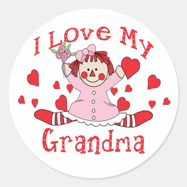 Sticker Rond J'aime ma grand-mère poupée et les coeurs (Devant)