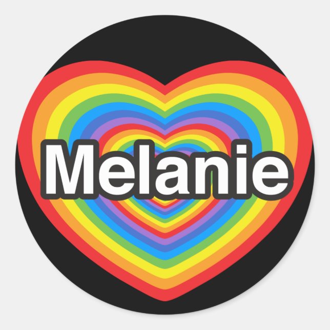 Sticker Rond J'aime Melanie. Je t'aime Melanie. Cœur (Devant)