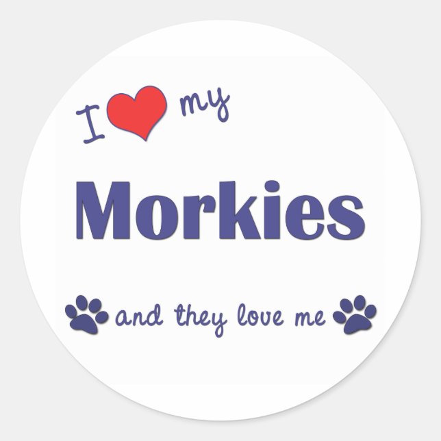 Sticker Rond J'Aime Mes Morkies (Chiens Multiples) (Devant)