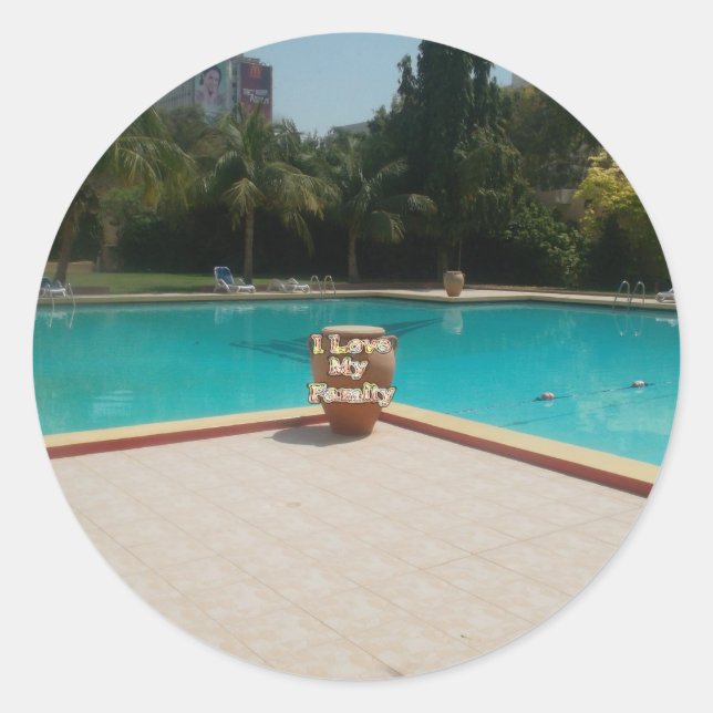 Sticker Rond J'Aime Mon Art Familial Au Bord De La Piscine (Devant)