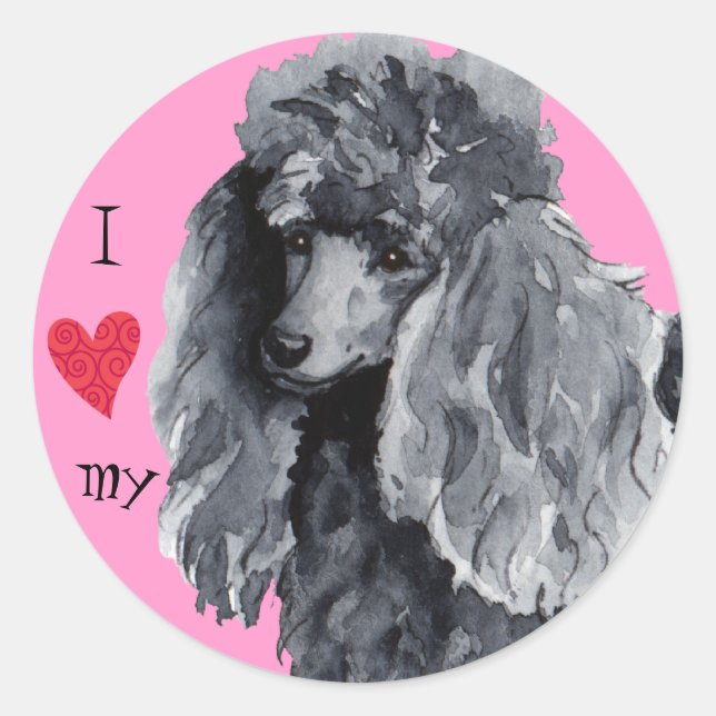 Sticker Rond J'aime mon caniche miniature (Devant)