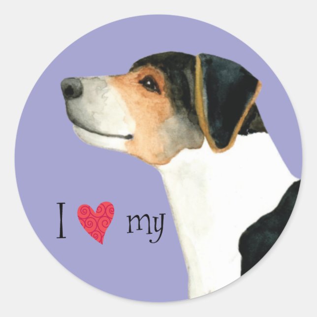 Sticker Rond J'aime mon chien agricole danois-suédois (Devant)