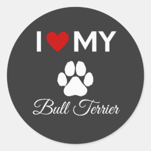 Sticker Rond J'aime mon chien Bull Terrier texte personnalisé