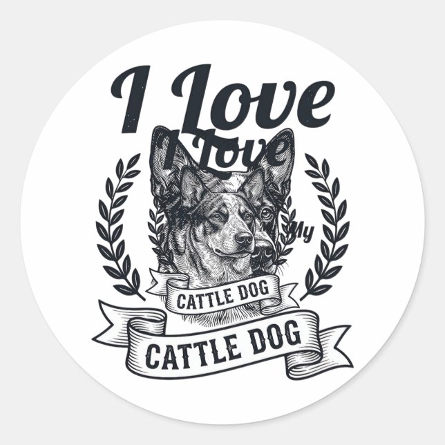 Sticker Rond J'aime mon chien de troupeau design de gravure vin (Devant)