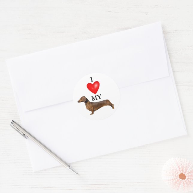 Sticker Rond J'Aime Mon Coeur Rouge Dachshund (Enveloppe)