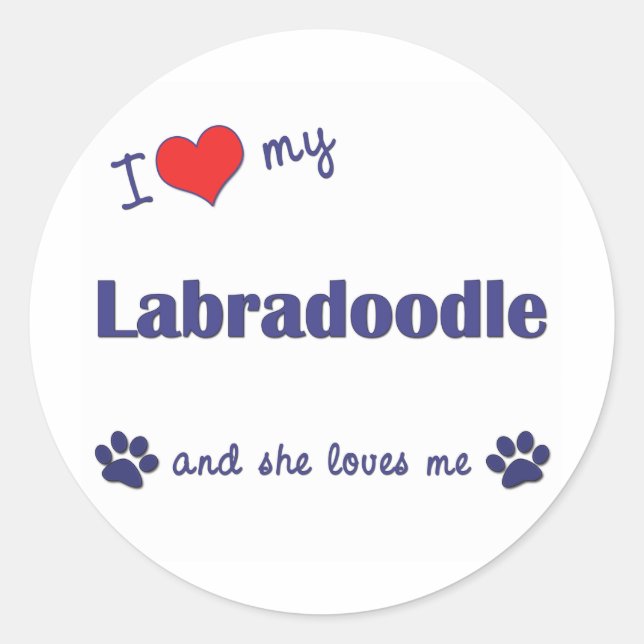 Sticker Rond J'Aime Mon Labradoodle (Chien Féminin) (Devant)