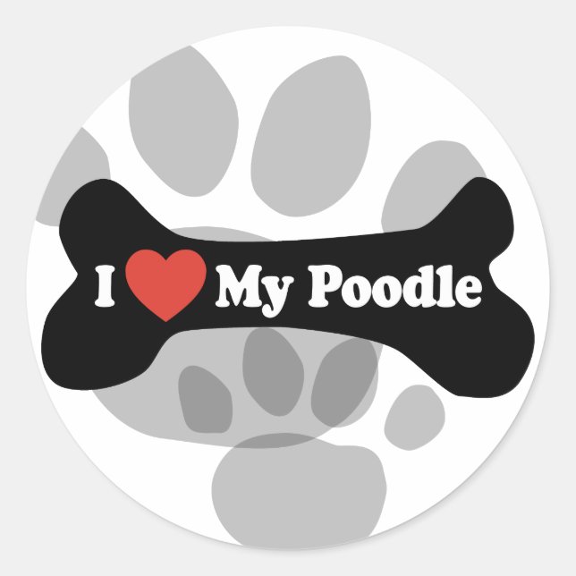 Sticker Rond J'Aime Mon Poodle - Os De Chien (Devant)
