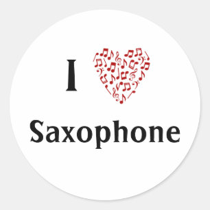 Sticker Rond J'aime Saxophone Cœur Rouge de Notes de Musique