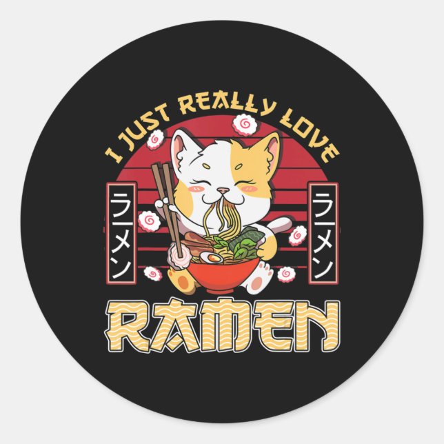 Sticker Rond J'Aime Vraiment Ramen Kawaii Anime Cat Ramen Gi (Devant)