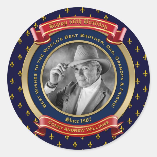 Sticker Rond Jalon Anniversaire Gold Photo 50th Fifty Blue Red (Devant)