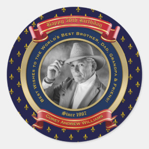 Sticker Rond Jalon Anniversaire Gold Photo 50th Fifty Blue Red