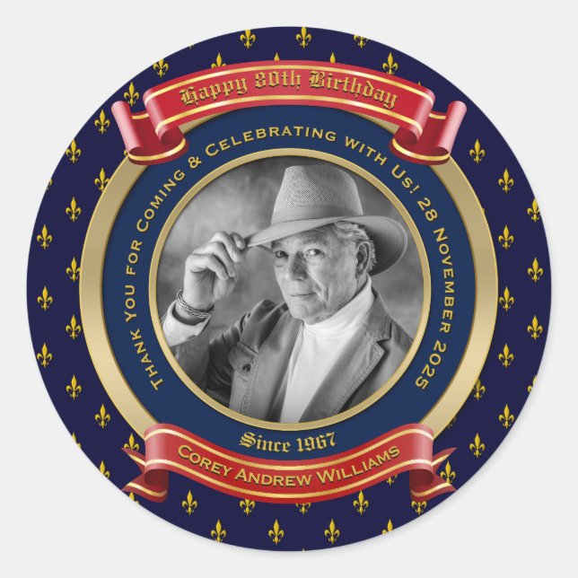 Sticker Rond Jalon Anniversaire Gold Photo 80th Huitième bleu r (Devant)