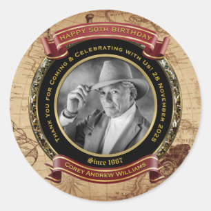 Sticker Rond Jalon Anniversaire Gold Photo Carte Vintage 50e