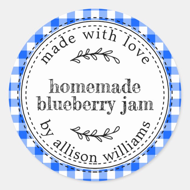 Sticker Rond Jam Bleu Bleu Rustique fait maison Chèque Bleu (Devant)