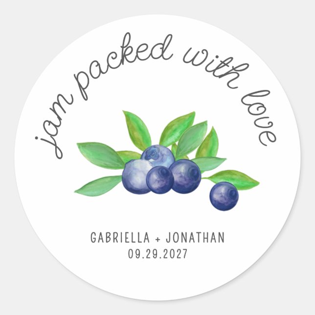 Sticker Rond Jam Emballé Avec Amour Blueberry Jam Mariage Faveu (Devant)