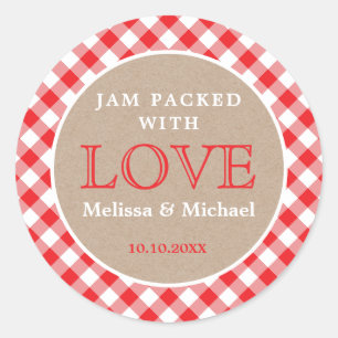 Sticker Rond Jam En vichy Kraft Rouge Emballé De Mariage Amoure