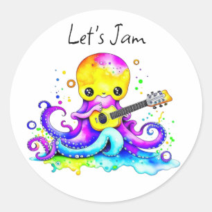 Sticker Rond Jam Octopus Jouer Guitare Acoustique