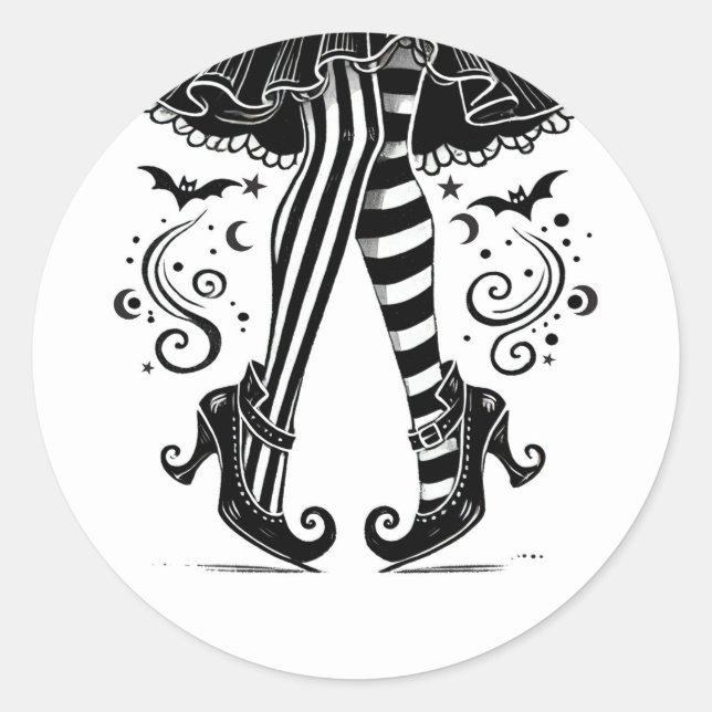 Sticker Rond Jambes de sorcière noires et blanches Fête fantais (Devant)