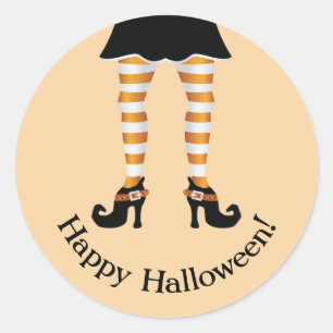 Sticker Rond Jambes de sorcière rayées orange Texte Joyeux Hall