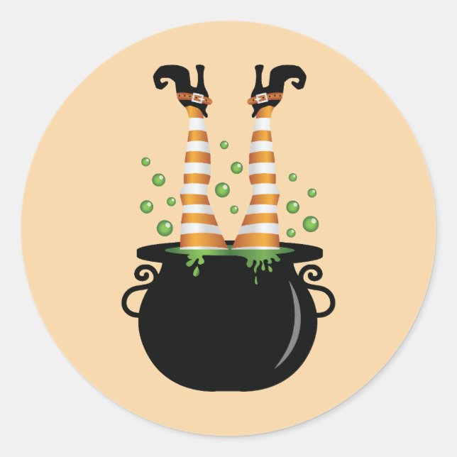 Sticker Rond Jambes de sorcière sortant d'un chaudron Halloween (Devant)
