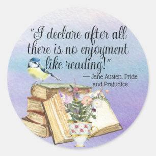 Sticker Rond Jane Austen Livre Lecture Citation Aquarelle Fleur