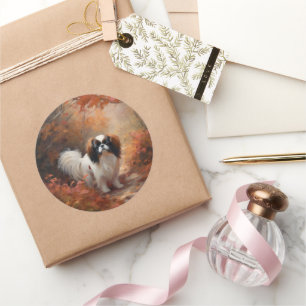 Sticker Rond Japanese Chin dans les feuilles d'automne tombent