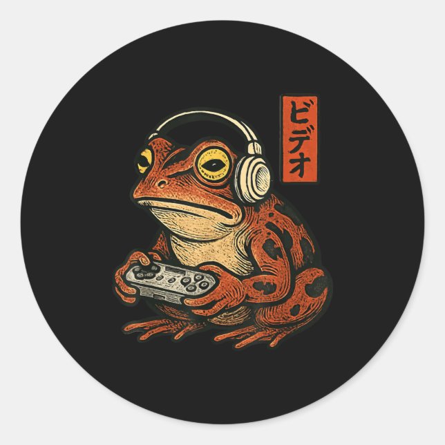 Sticker Rond Japanese Gamer Frog Art Men Women Boys Funny Vinta (Devant)