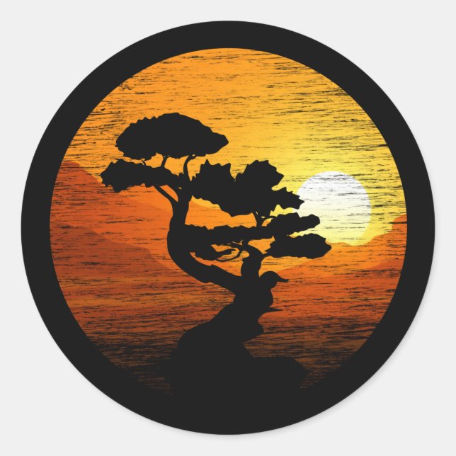 Sticker Rond Japanese Sunset Art Nature Japan Bonsai Tree (Devant)