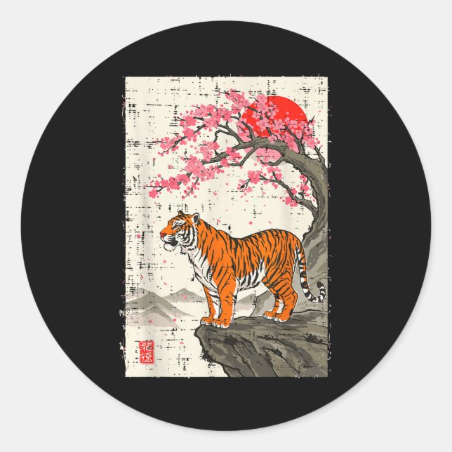 Sticker Rond Japanese Tiger Cherry Blossoms Sakura Art Women Me (Devant)