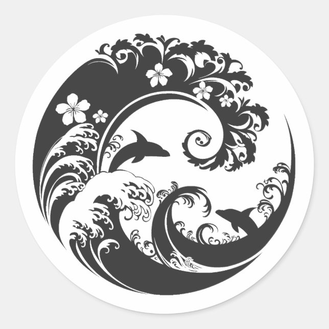 Sticker Rond Japanese Wave & Hibiscus charcoal black (Devant)