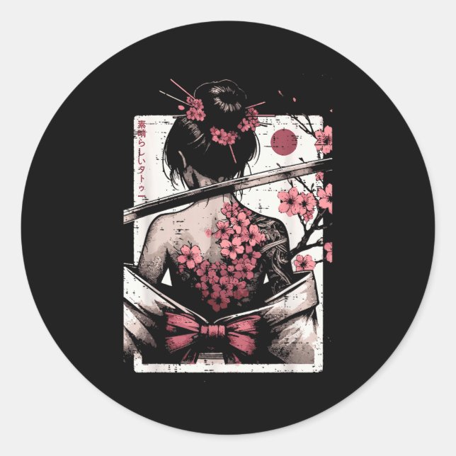 Sticker Rond Japanese Woman Cherry Blossom Tattoo Art Geisha Wo (Devant)