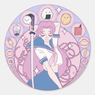 Sticker Rond Japon Rose Anime Schogirl Art Nouveau