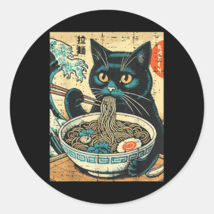 Sticker Rond Japonais Chat Ramen Grande Vague Art Vintage Nourr