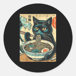 Sticker Rond Japonais Chat Ramen Grande Vague Art Vintage Nourr