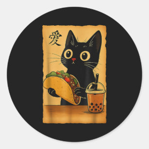 Sticker Rond Japonais Kawaii Anime Chat Tacos Un Thé Chat Mange