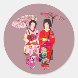 Sticker Rond Japonais mignon Geisha avec kimono rose