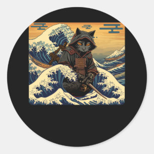 Sticker Rond Japonais Rétro Samurai Chat La Grande Vague Par Ho