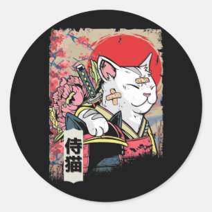 Sticker Rond Japonais Samurai Chat Guerrier Japon Ninja Kitten