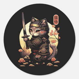 Sticker Rond Japonais Samurai Chat Tattoo, Kawaii Ninja Chat