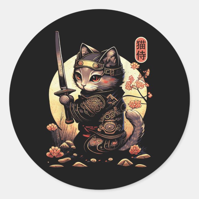 Sticker Rond Japonais Samurai Chat Tattoo, Kawaii Ninja Chat (Devant)