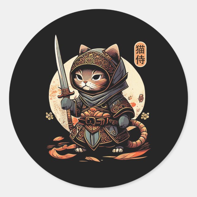 Sticker Rond Japonais Samurai Chat Tattoo Kawaii Ninja Chat (Devant)