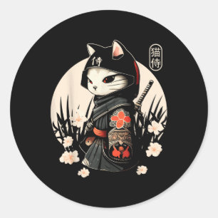 Sticker Rond Japonais Samurai Chat Tattoo, Kawaii Ninja Chat _1