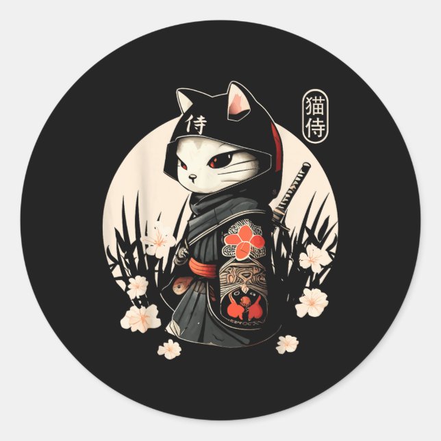 Sticker Rond Japonais Samurai Chat Tattoo, Kawaii Ninja Chat _1 (Devant)