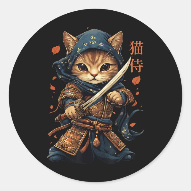 Sticker Rond Japonais Samurai Chat Tattoo Kawaii Ninja Chat Cha (Devant)