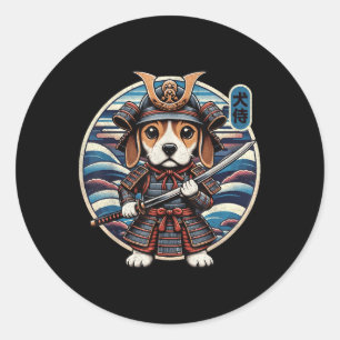 Sticker Rond Japonais Samurai Chien Tattoo, Beagle Kawaii Ninja