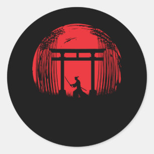 Sticker Rond Japonais Samurai Fighter Silhouette Guerrier Japon