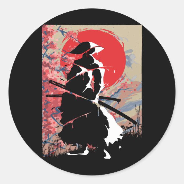 Sticker Rond Japonais Samurai Guerrier Japon Bushido Swordsman (Devant)