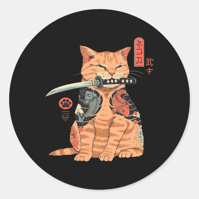 Sticker Rond Japonais Samurai Ninja Cat Kawaii Tattoo (Devant)