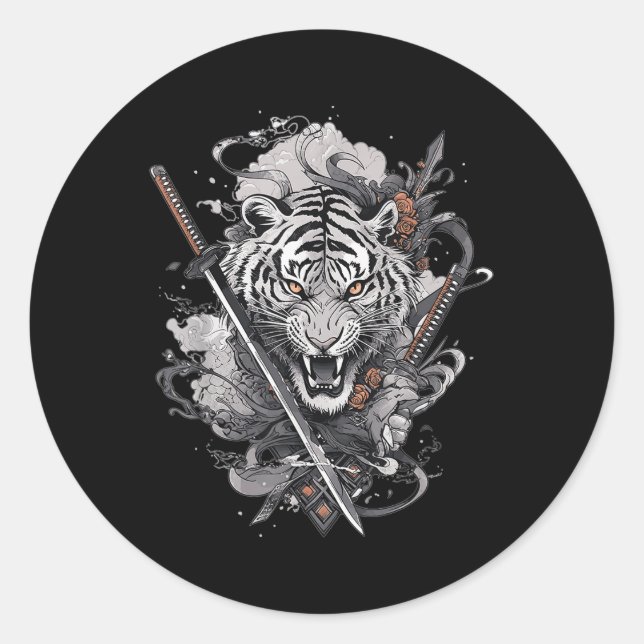 Sticker Rond Japonais Samurai Ronin épée Katana Japon Tiger Ta (Devant)