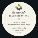 Sticker Rond Jar de confiture Blackberry fait maison<br><div class="desc">Aquarelle Framboise illustration étiquette de confiture maison avec liste d'ingrédients dans script moderne sur ecru arrière - plan</div>